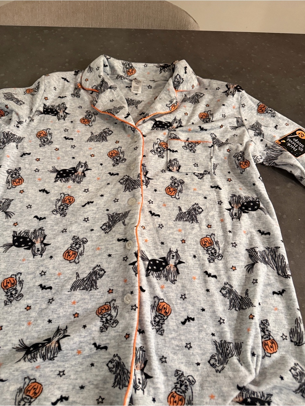 Halloween Dog Print Women's Pajama Top - Gray & Orange